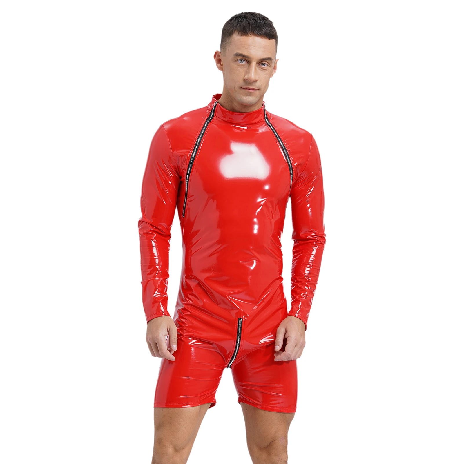 Men Long Sleeve Wet Look Patent Leather Zipper Bodysuit Nightclub Bar Pole Dancing Performance Costume Music Festival Clothes