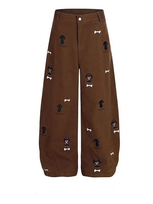 

plus Size 300 Pounds American Retro Dog Embroidery Wide Leg Jeans Men's Casual Pants Autumn Winter Vintage Knife Pants