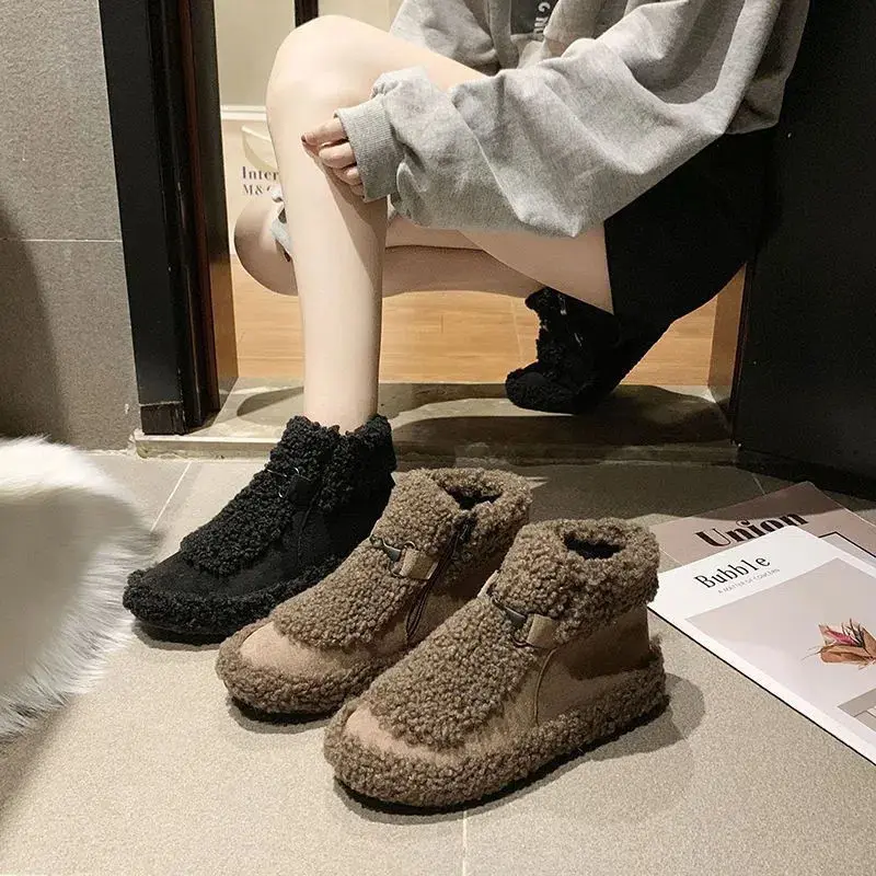 Women's Winter Outer Wear 2024 New Korean Version Lamb Wool Bean Bean Shoes With Plush Fur Shoes Low Heel Warm Cotton Shoes