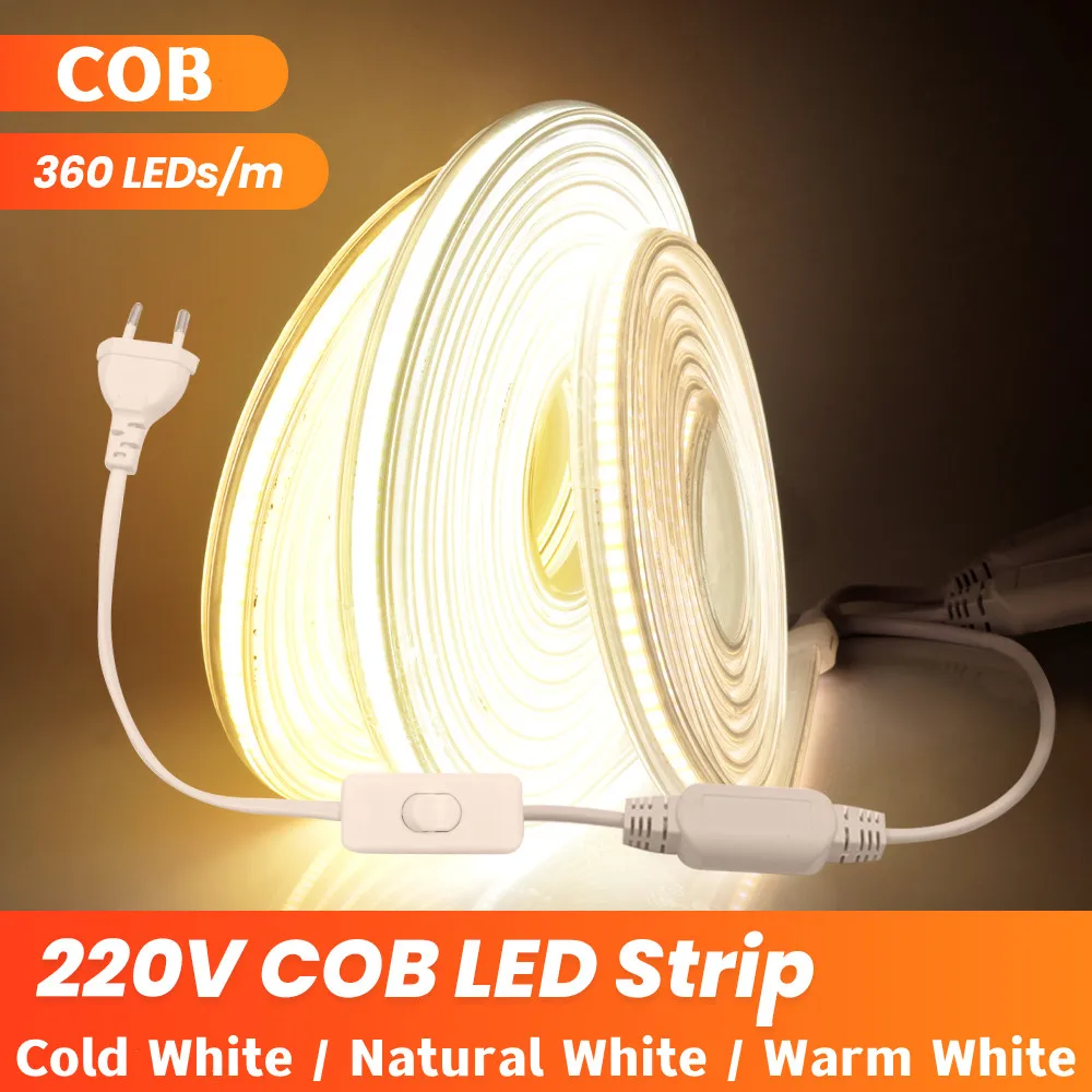 COB LED Strip 220V 360LEDs/m Super Bright Flexible Waterproof Light Stripe Diode Tape Rope Lamp EU Plug Cold/Natural/Warm White