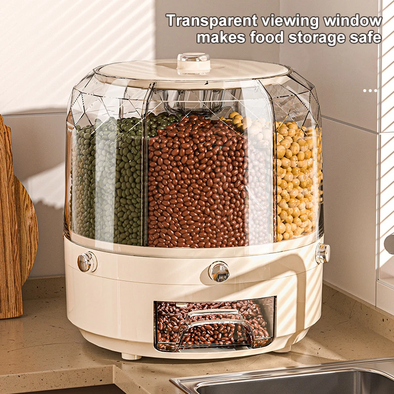 Rotating Rice Dispenser, Sealed, Dry Cereal, Grain Bucket, Moisture-Proof, Kitchen Food Container, Storage Box, 360 Degree