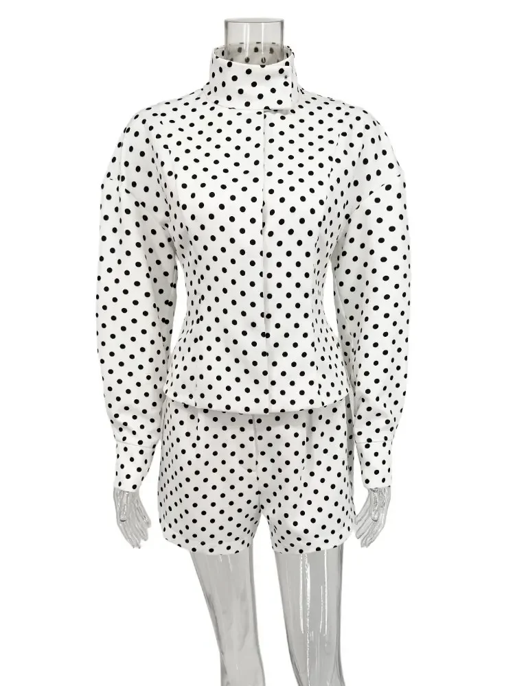 Tsiisd تخفيف الطباعة منقطة 2 قطعة مجموعة السراويل النساء طويلة الأكمام المرقعة التباين قمصان معطف الإناث السراويل وتتسابق