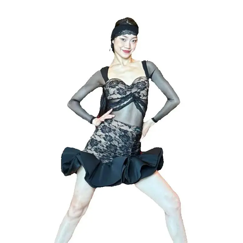 Sexy roupas de dança latina feminina malha manga latina superior saia renda adultos samba chacha traje competição dança latina sl11969