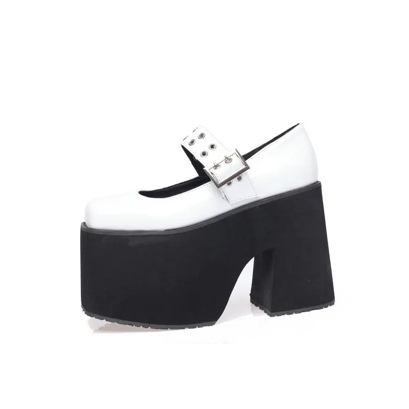 Big Size 34-46 PU Patent Leather Light Foam Sole Platfrom Punk Goth Girls Shoes Square Toe Chunky High Heels Mary Janes Pumps