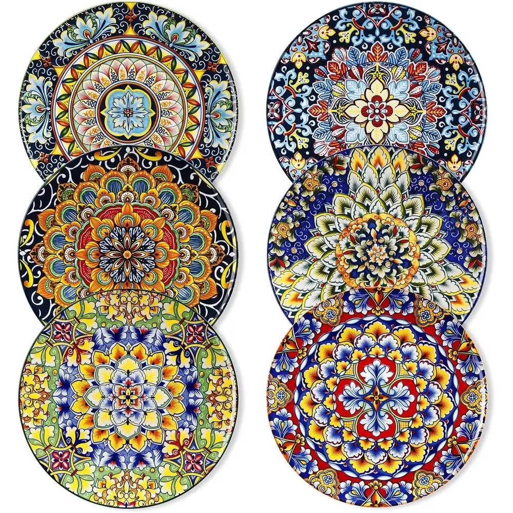 

Salad Plates Set of 6-8.5 Inch Ceramic Dessert Plate, Small Dinner Plate Set, Microwave, Oven and Dishwasher Safe, Colorful Bohe