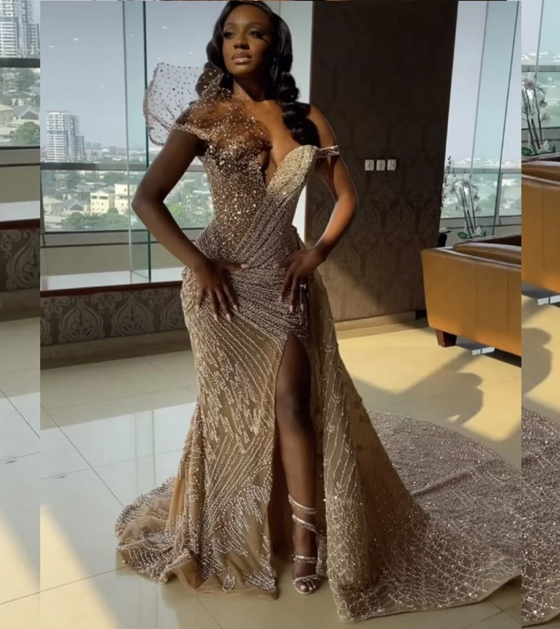 Elegant Sequin Evening Dresses African Girls High Split V-Neck Crystal Beaded Long Mermaid Prom Gowns robes de soirée Customized