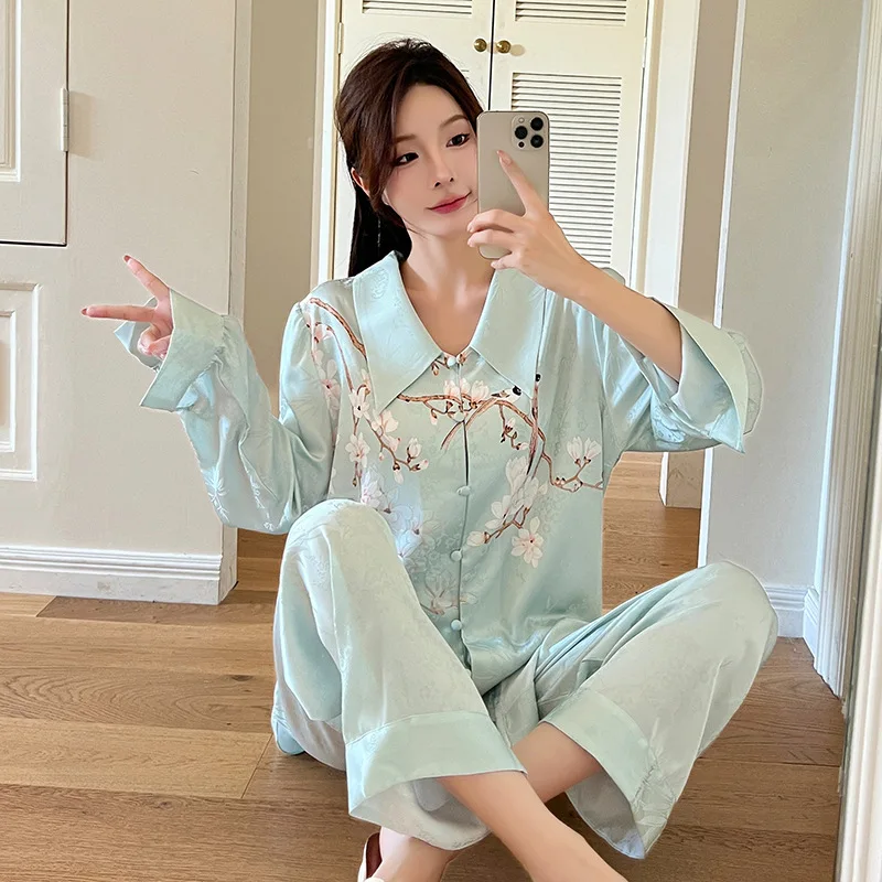 

Lapel Pajamas Set Print Silky Satin Sleepwear Lingerie Women Long Sleeve Pyjama Suit Femme Spring Autumn Nightshirts Homewear