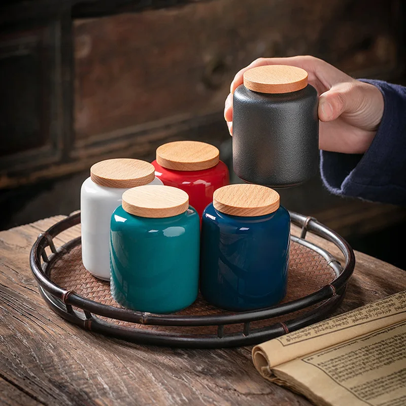 

Портативная керамическая влагостойкая герметичная банка с однотонной деревянной крышкой, банка для чайных конфет, цилиндрическая декоративная банка для украшения дома