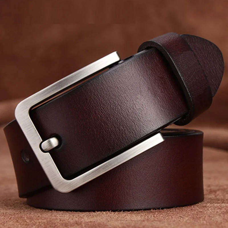 New style men's leather belt with retro European-style buckle and universal compatibility, made of thick genuine leather.