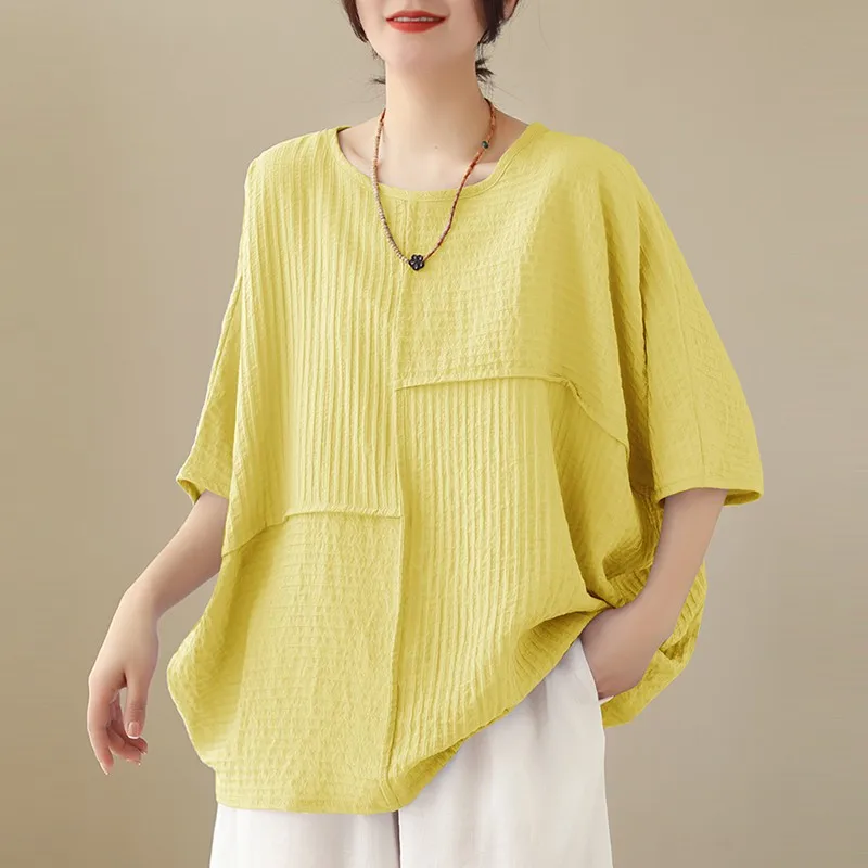 ملابس علوية قطنية نسائية كاجوال بأكمام قصيرة برقبة دائرية ، تيشيرتات فضفاضة ، أسلوب بسيط ، أحادي اللون ، الصيف ، وصلت حديثًا ، B3340