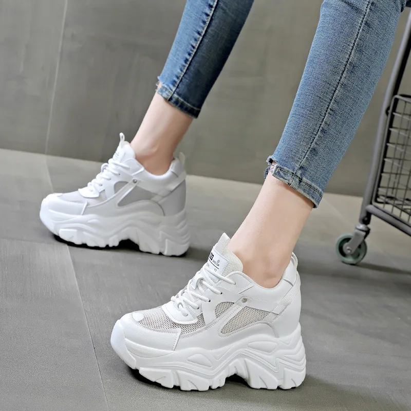 

White Hidden Wedge Chunky Sneakers For Women With Lace Up Design Round Toe Non Slip Thick Sole Casual Platform Shoes Trendy