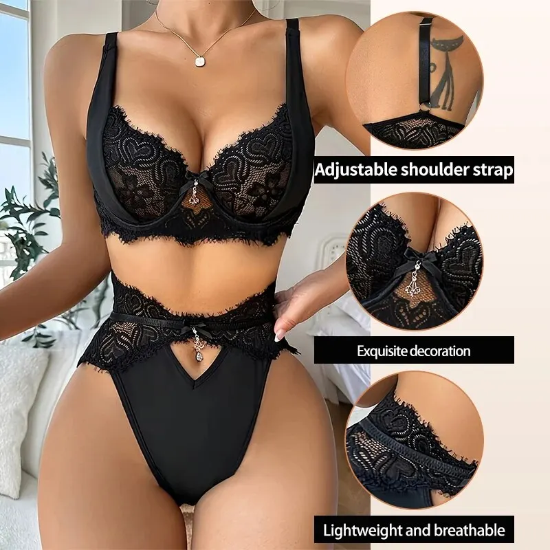 Women\'s Sexy Lace Lingerie Set with Black Lace Patchwork and Pendant Decoration for Women Sexy Bra Set