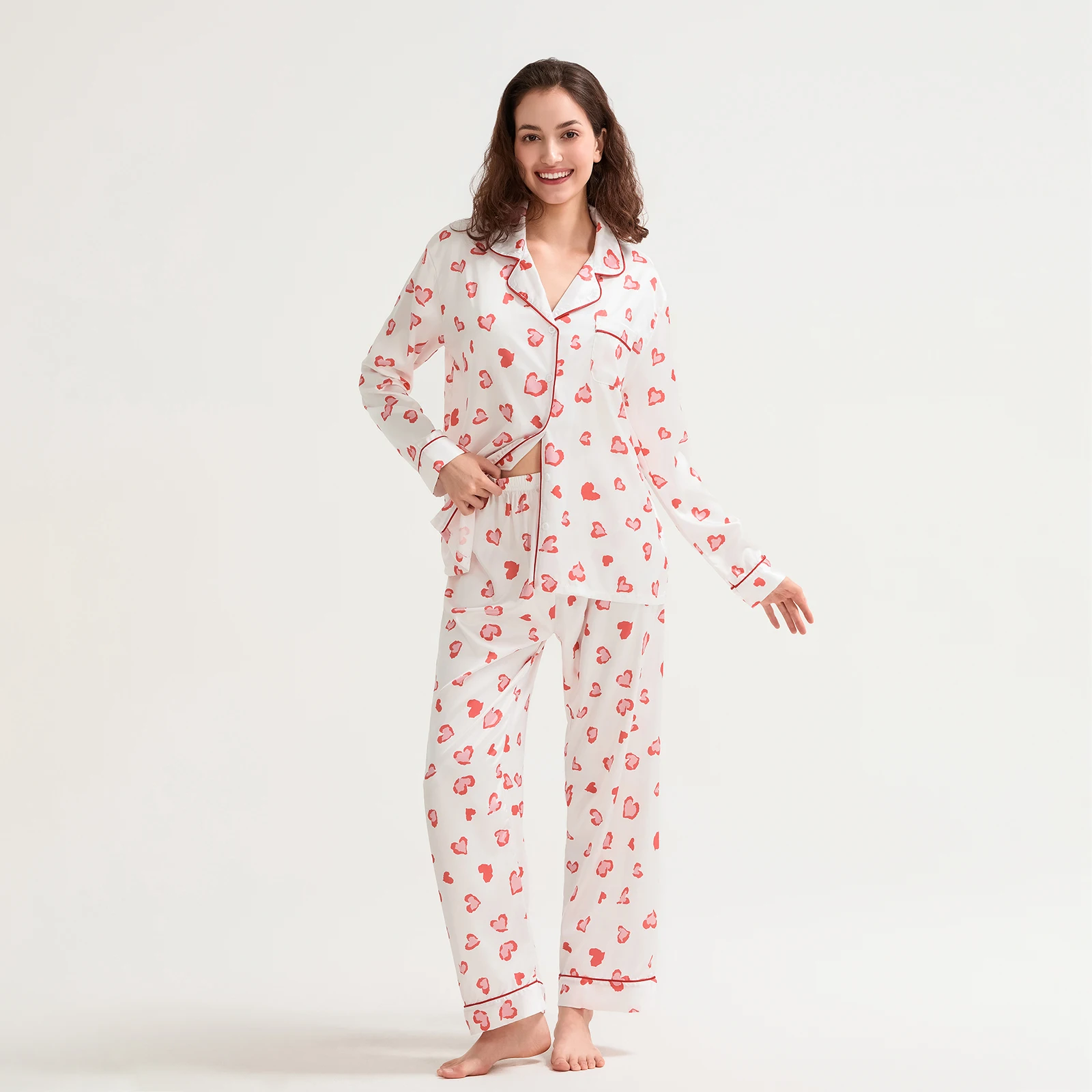 HEZIOWYUN 2-teiliges Pyjama-Set für Damen zum Valentinstag, süßes, langärmliges Hemd mit Herzmuster, Oberteile und Hosen mit elastischem Bund, Loungewear