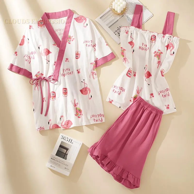 Summer 3 Pieces Sets Kimono Cardigan Nightwear Womens Pajama Sets Pyjamas Femme Plaid Sleepwear Loungewear Pijama Mujer Homewear