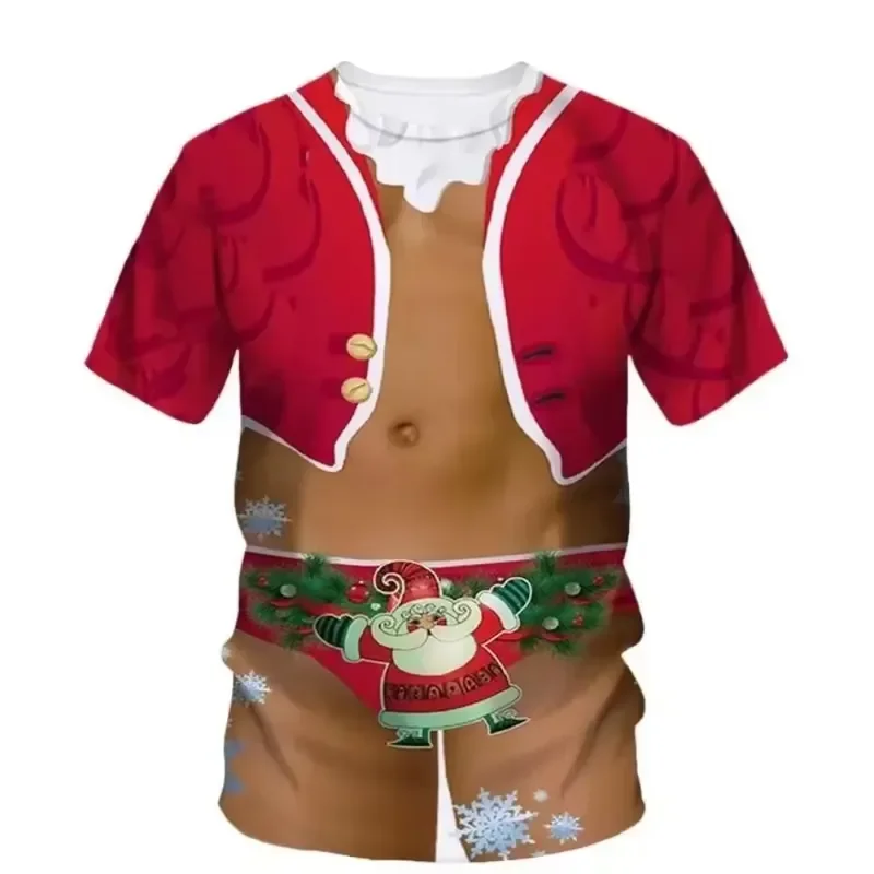 Men T Shirt 3D Print Funny Fake Body Santa Claus Quick Dry Breathable Sports Outdoor Street Casual Party Cosplay Cloth