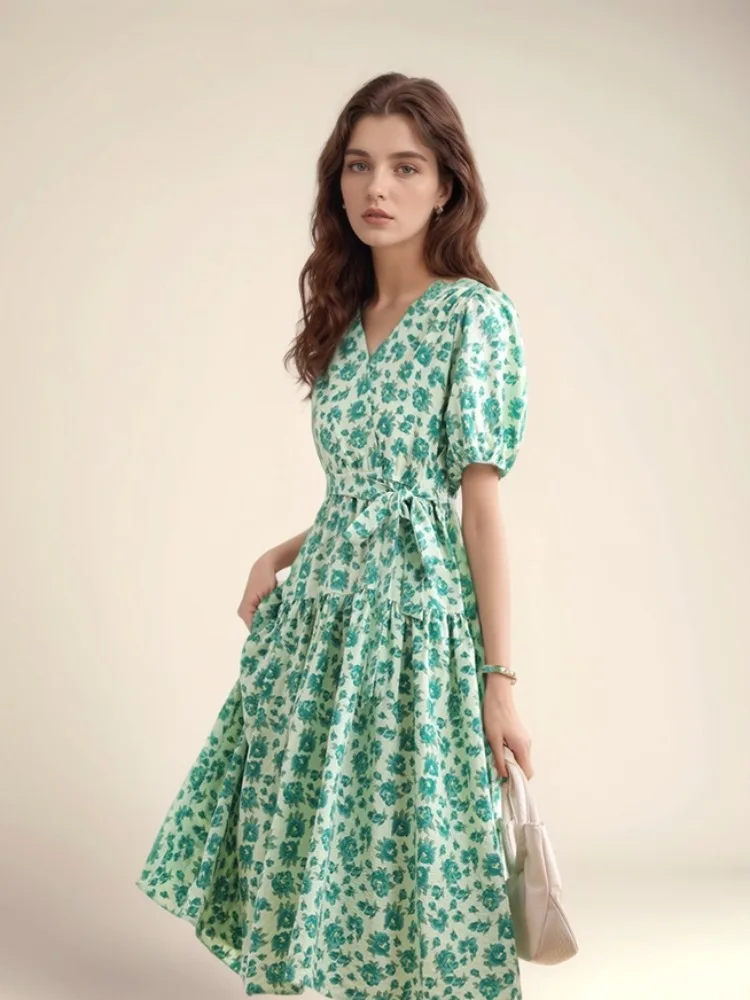 Vestido largo de mujer Retro Floral novedad de verano gasa con cuello en V ajustado Boho Casual playa