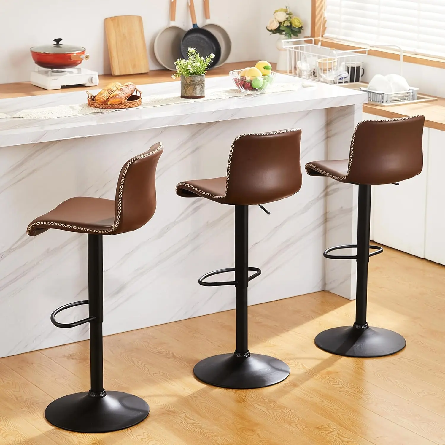 

HeuGah Swivel Bar Stools Set of 3, Counter Height Stools with Back, Adjustable Stools 24" to 32", Brown Faux Leather