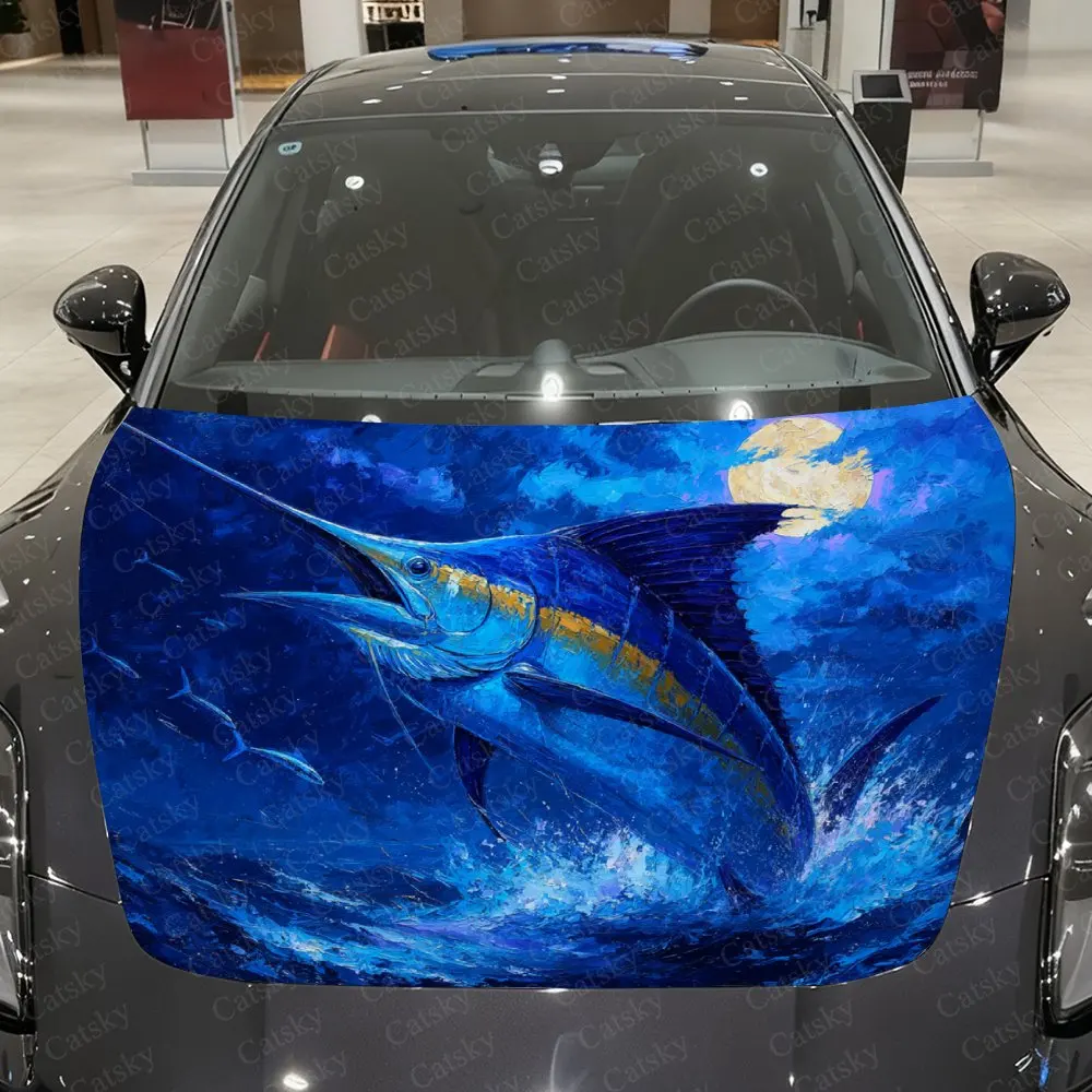 

Sailfish Leaping Out Of The Sea Car Hood Wrap - Waterproof PVC Self-Adhesive Decal, Scratch-Resistant, Durable Car Hood Cover