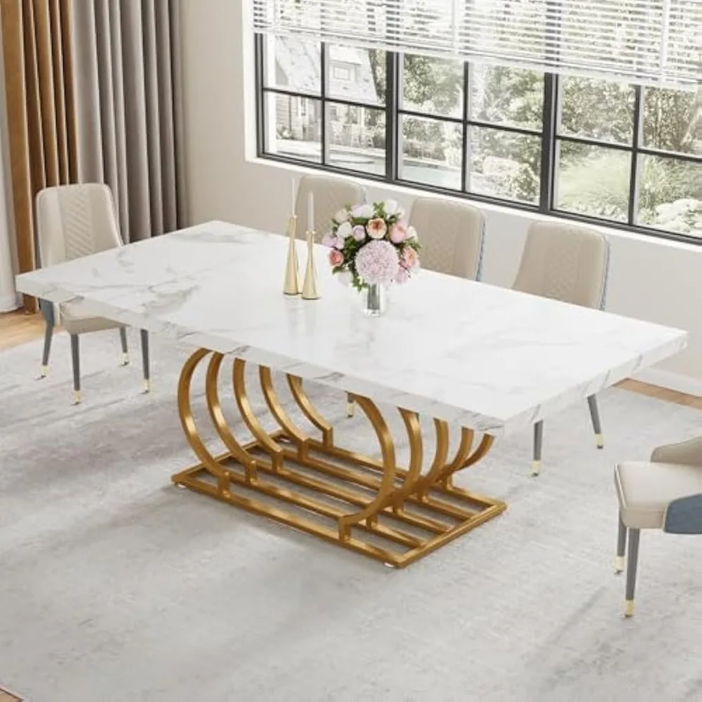 Mesa de comedor de 70,9 "para 6 personas, mesa de comedor blanca con chapa de mármol de imitación, Marco geométrico para Cocina