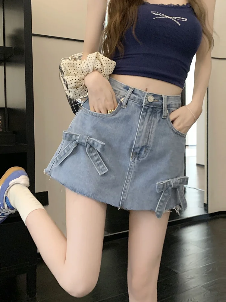 Sweet Girl Retro 3D  Knot Frayed Hem A-Line Skirt High Waist Slimming Denim  Skirt Half-length Shorts Dress