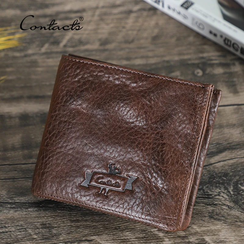 

CONTATC'S Genuine Leather Men's Small Wallet Slim Bifold Luxury Male Wallet Card Holder Coin Purse Zipper Pocket Hasp Money Bag