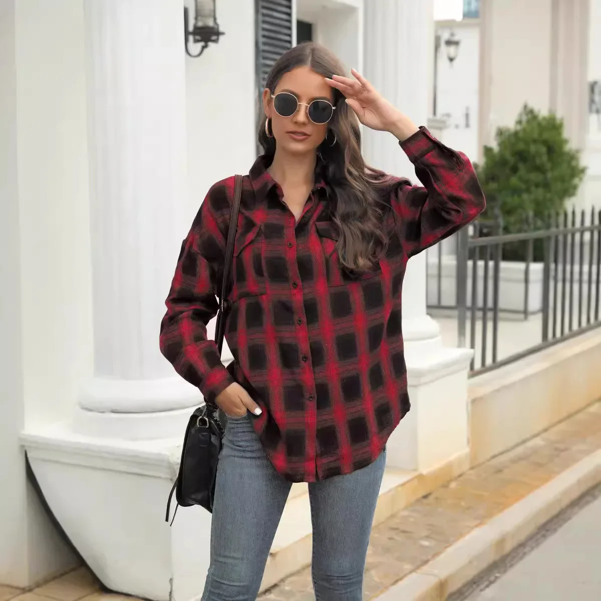 

Hot Sale Large Size Women's Long Sleeve New Plaid Button Shirt Same Color Same Size Top Jacket