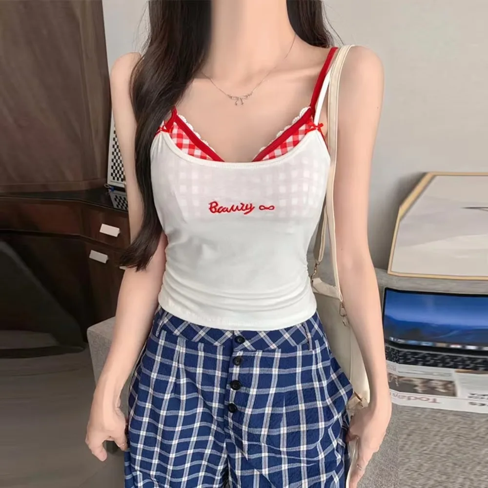 Sweet Spicy Plaid Pad Camisole Tank Top Lace Trim Belted Backless Women's Tank Top Cotton Slim Fit Outerwear Summer