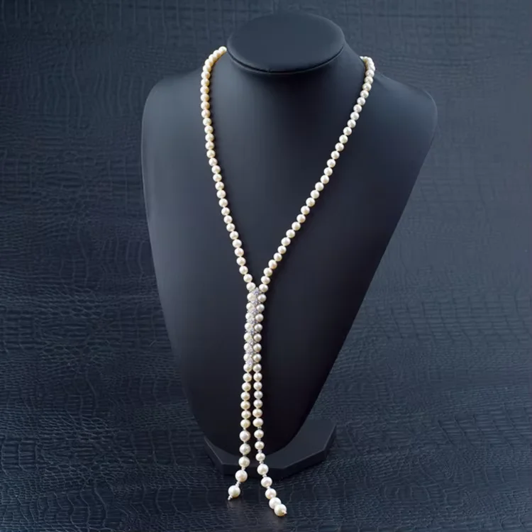 

Freshwater pearl sweater Necklace with zircon tassel long Necklace