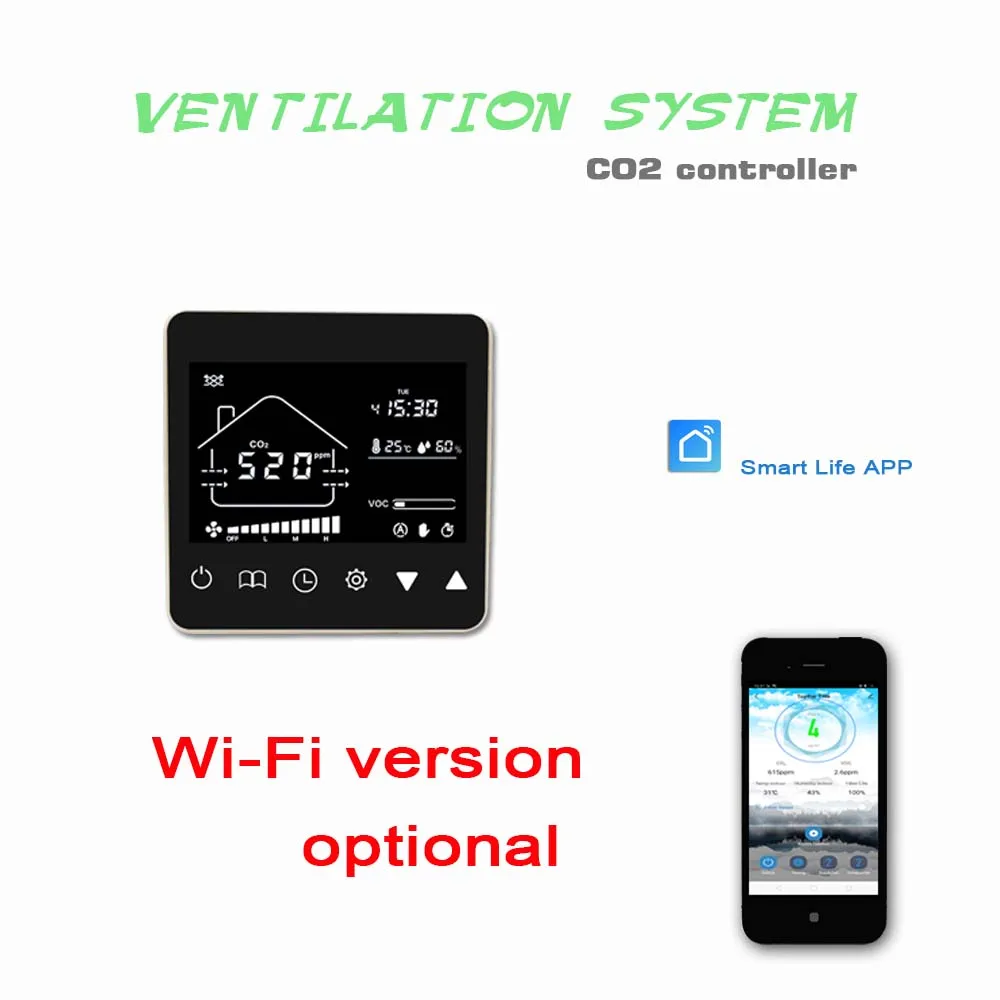 CO2 ventilation system controller controls 3-speed fan/0-10V fan with temperature and humidity VOC display WIFI version optional