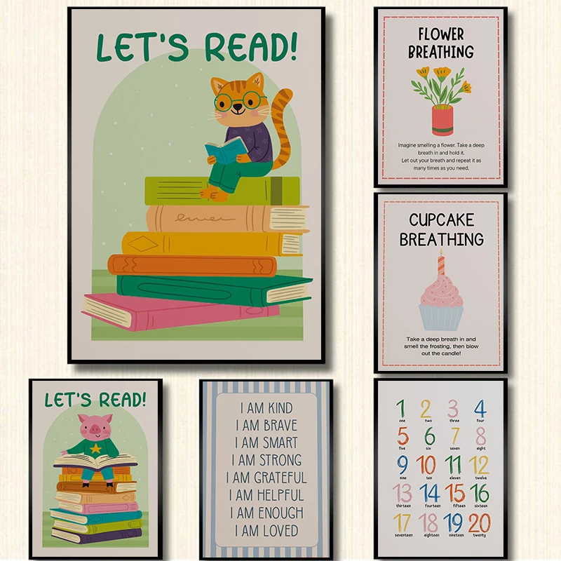 Affiche de pleine conscience amusante pour enfant, motif renard lisant et papillon respirant, impressions modernes sur toile, tableau mural, décoration pour la maison et le salon