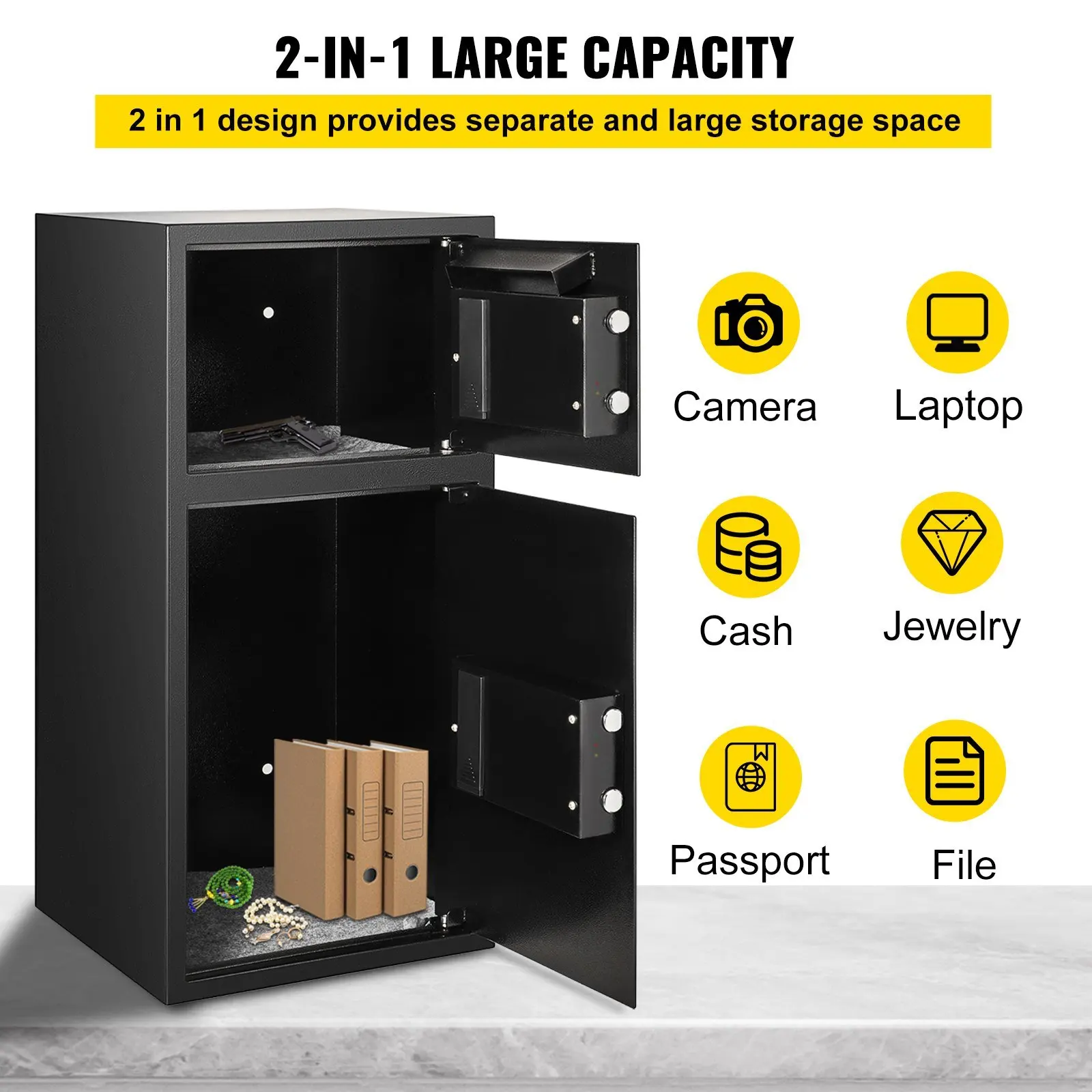 VEVOR Caja fuerte de seguridad grande de doble puerta Caja fuerte de acero de 2,6 pies cúbicos Caja fuerte con cerradura digital para joyería de pistola de dinero Negro