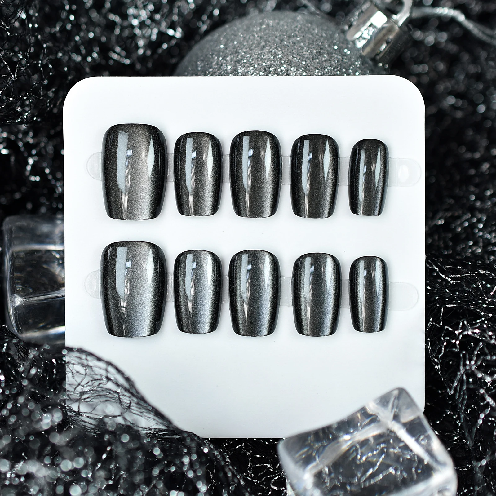 กดบนเล็บ Cateyes Black Square Handmade มี 3 ขนาดให้เลือกสําหรับเด็กผู้หญิง