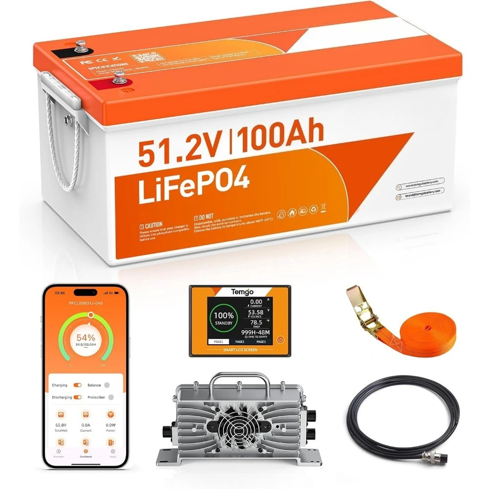 

48V (51.2V) 100Ah LiFePO4 Lithium Golf Cart Battery, Complete Upgrade Kit with Charger, LCD Display & App, Built-in 200A BMS