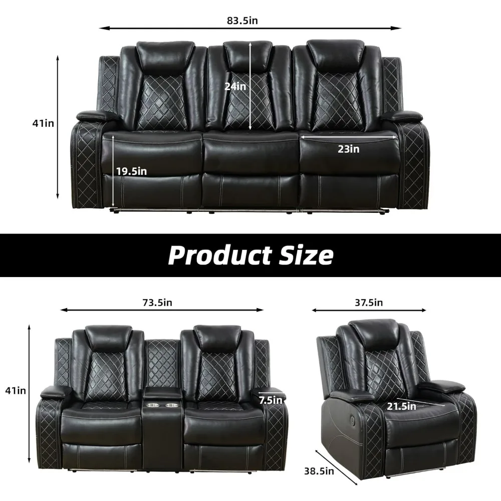 recliner，Power Recliner Chairs Set of 3Reclining Loveseat Sofa with LED Lights Sectional Leather Recliner Couch with USB Charger