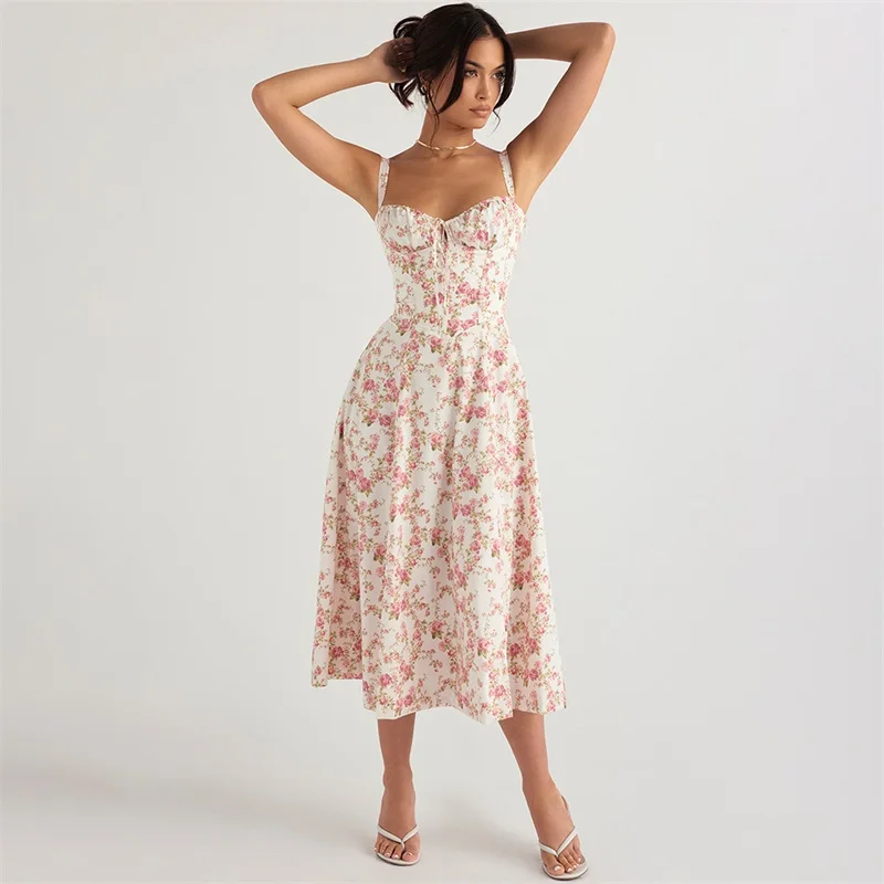 Floral A Line Women's Prom Dress Robes Sexy Strap Sleeveless Flower Printed Formal Casual Daily Lace Up Back Long Party Gown