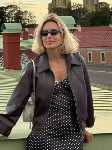 Casual Dark Red Zipper Leather Short Jacket Women Long Sleeve Lace Up Lapel Loose Button Coat 2025 Lady Daily High Street Wears