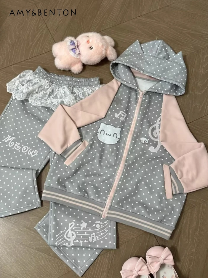 

Original Cute Girl Cartoon Print Sports Sets Two-Dimensional Loose Casual Hooded Zipper Coat Long Pants College Style Outfits