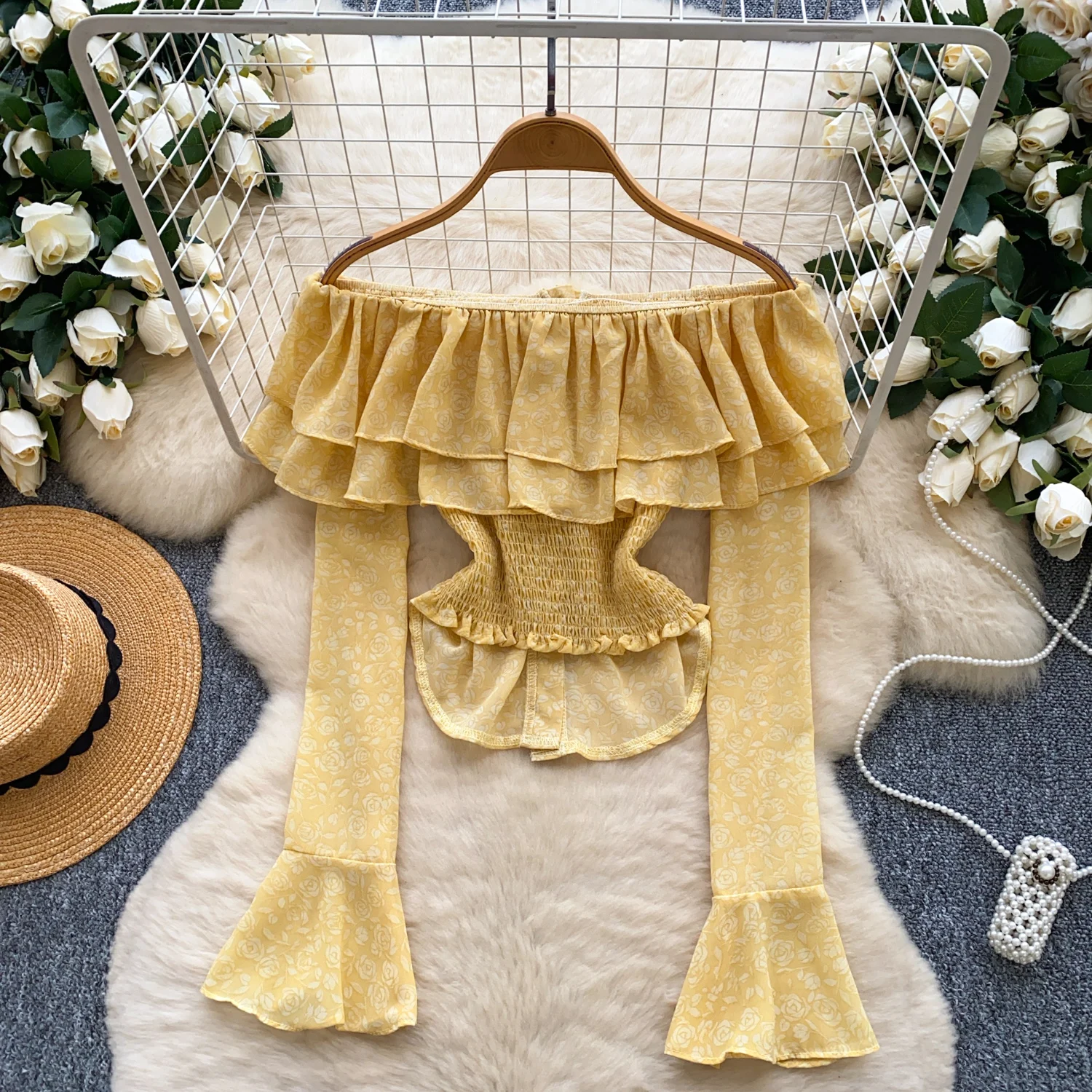 Y2k Goth Spice Girl chic ruffle button print pleated long sleeve T-shirt Women Shirt Female Slim Tops women clothing