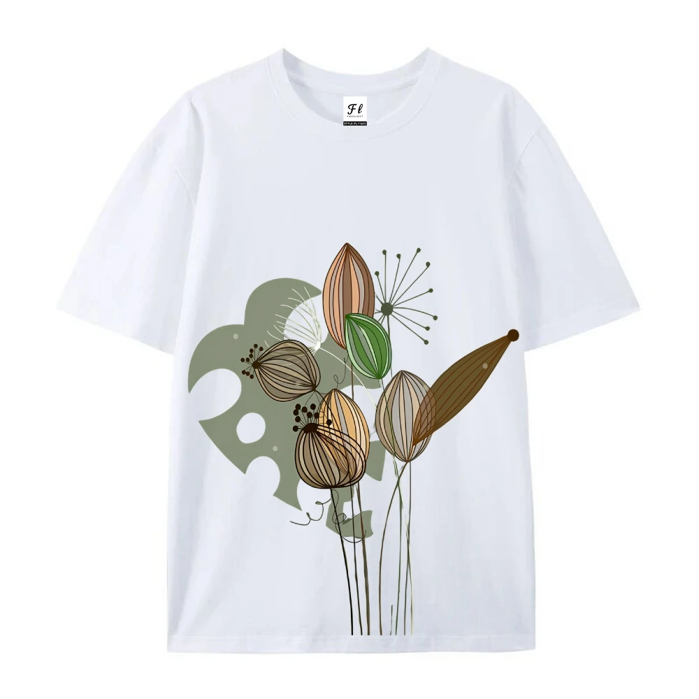 Koszulka z krótkim rękawem z artystycznym botanicznym grafiką kwiatów i liści Modna koszulka z okrągłym dekoltem Casual Comfort Fit do codziennego noszenia