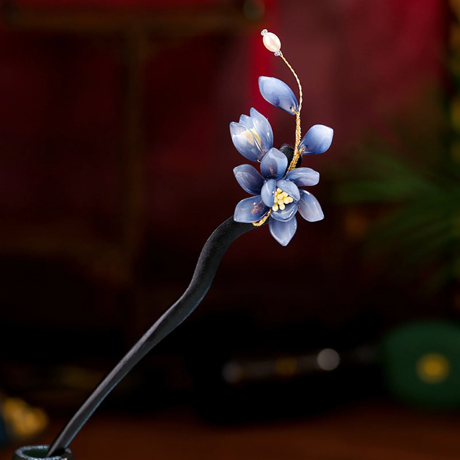 Wedding Hanfu Hairpin wood hair stick with glazed flower charm elegant fine pattern setting for women cheongsam styling