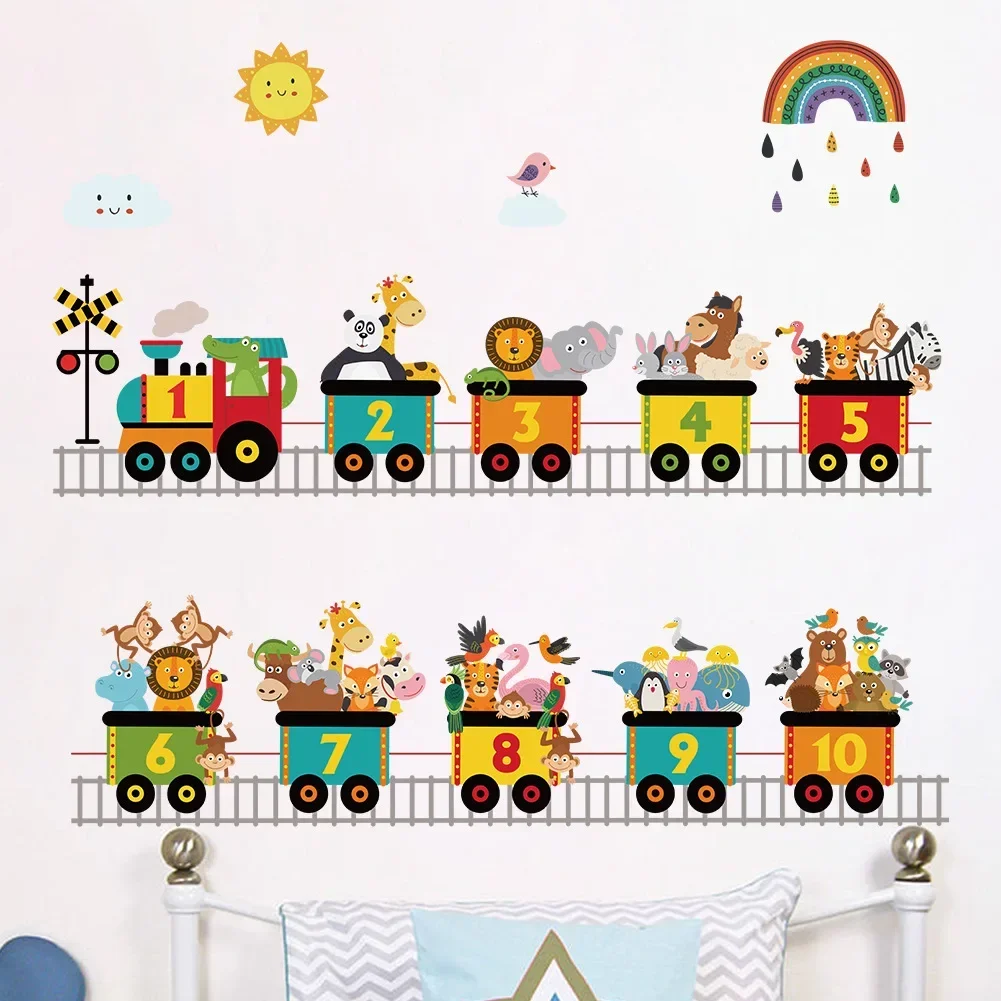 Cartoon Train Animal Car Traffic Transport Wall Sticker PVC Rainbow Balloon Wall Decals for Nursery Kids Living Room Decors