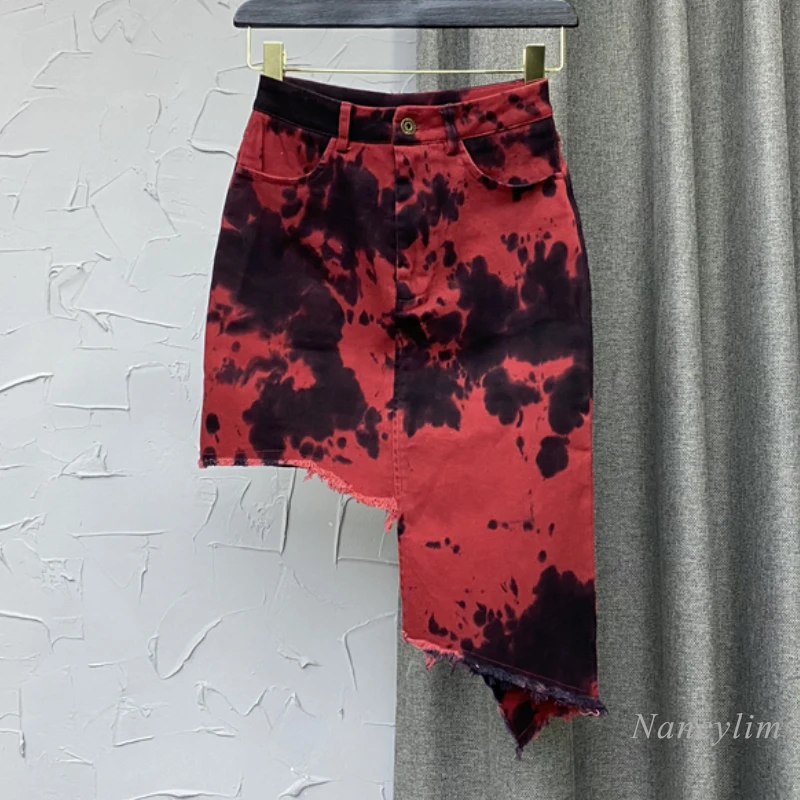 

Niche High Waist Denim Skirt Women's Summer 2024 Red New Style Irregular Asymmetric Tie-Dyed Skirts Ins Jupe