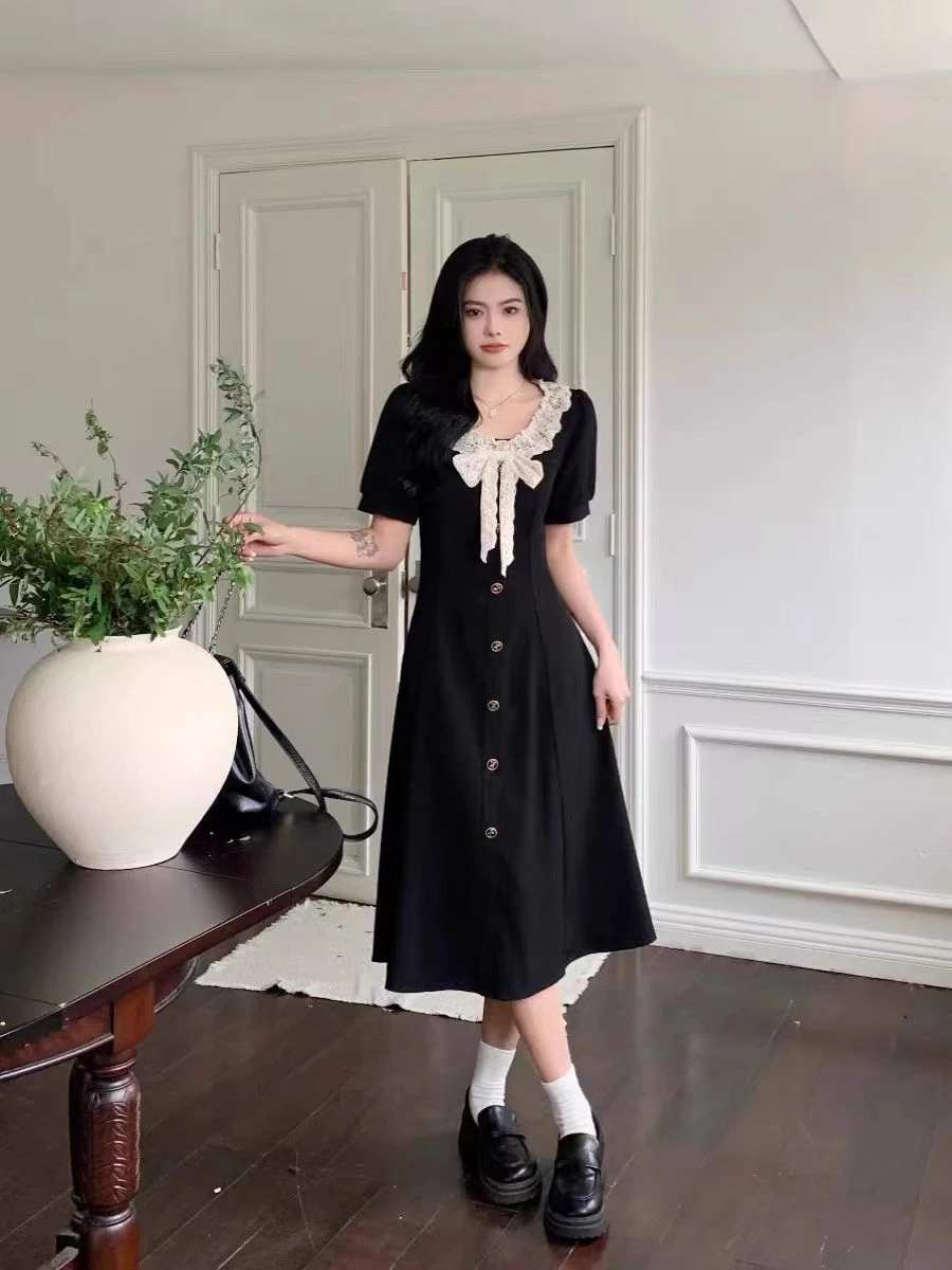 

Новое женское платье 2026 года в стиле Хепберн, черное, приталенное, с завышенной талией, А-силуэт, для офиса, модное, с коротким рукавом, круглый вырез