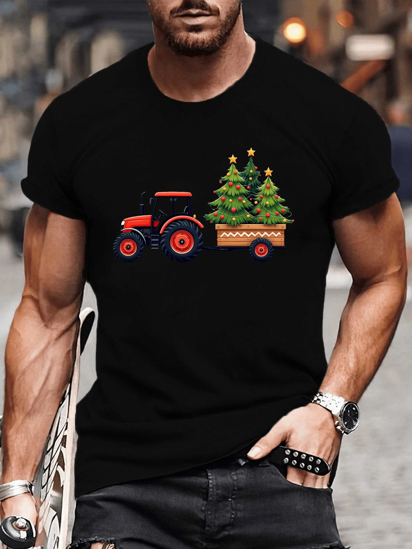 

Tractor Christmas Tree Graphic Tee Men Casual Cotton Short Sleeve Farm Holiday T-Shirt