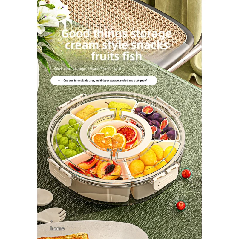 صينية فواكه دوارة بست نقاط بمقبض، صينية فواكه مجففة محكمة الغلق مقاومة للرطوبة، صندوق وجبات خفيفة دائري منزلي محمول مع لتر #1