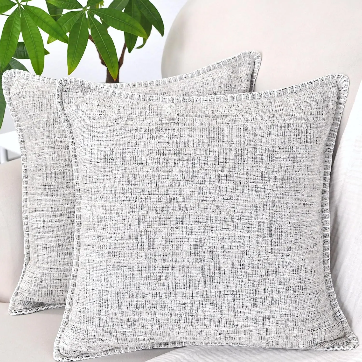 

16X16 Pillow Covers Cream White & Bla Set Of 2, Decor Pillow Covers Square, Textured Soft Chenille D Cushion Covers With Trim