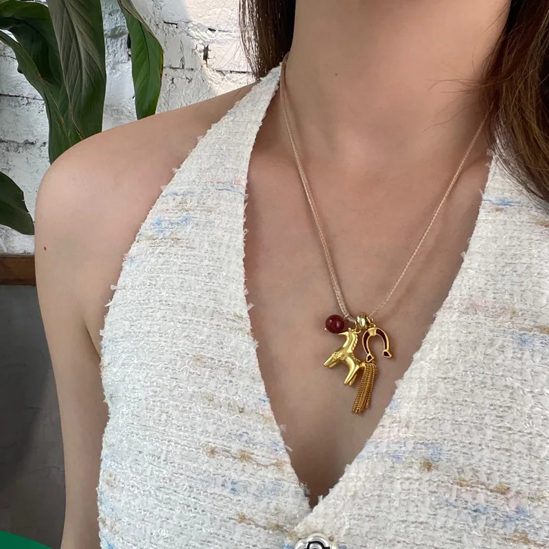 Minar Creative Metallic Enamel Cartoon Horse Multi Tassel Beads Pendant Necklaces for Women Adjusting Long Wax Rope Chain Choker