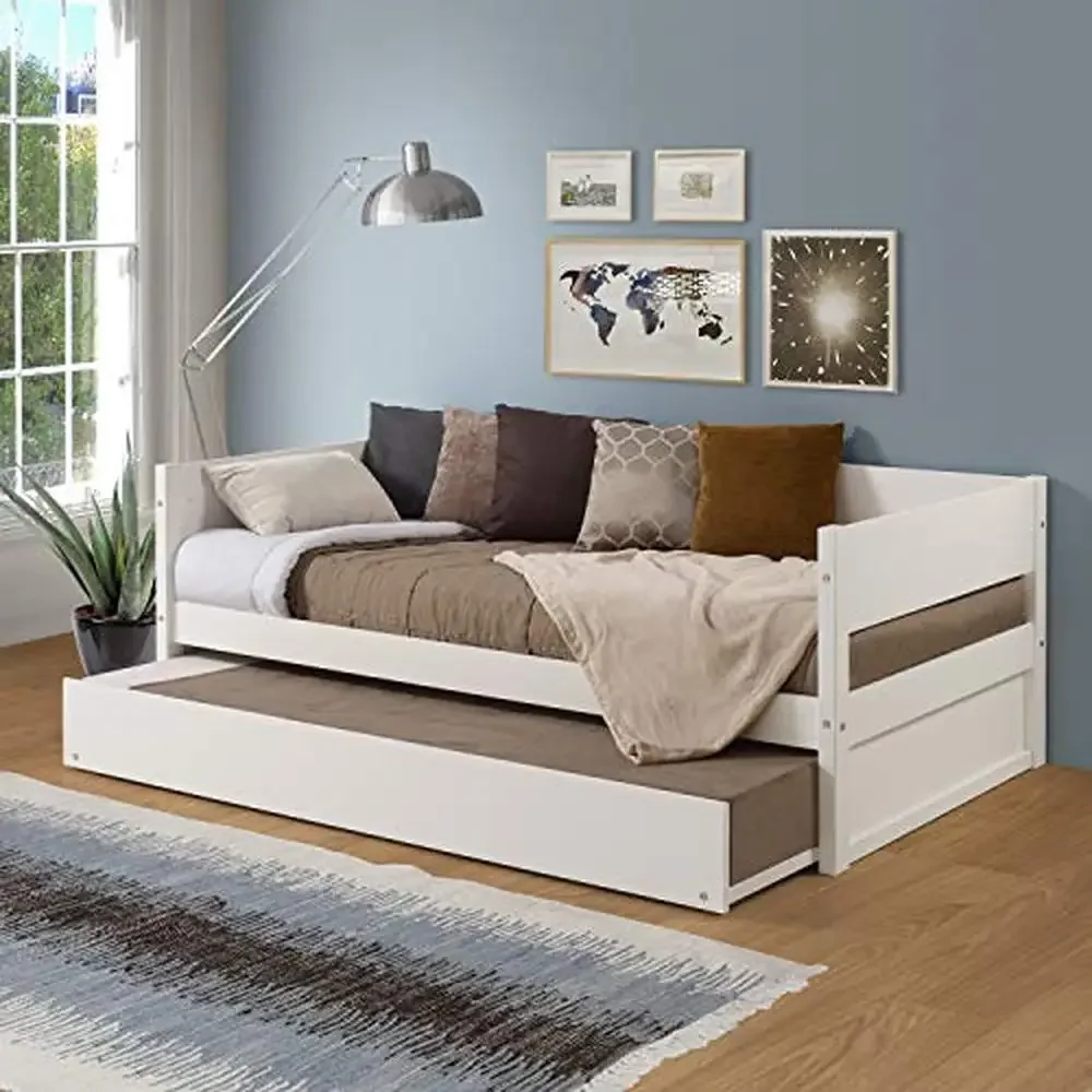 Solid Wood Twin Daybed with Trundle White Finish 450lbs Capacity Contemporary Style No Box Spring Needed