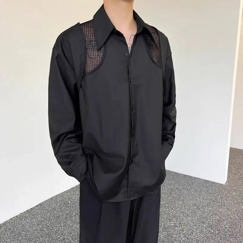 

SYUHGFA Niche Design Men's Long Sleeved Tops Lapel Hollow Out Mesh Patchwork Solid Color Single Breasted Male Clothing Tide