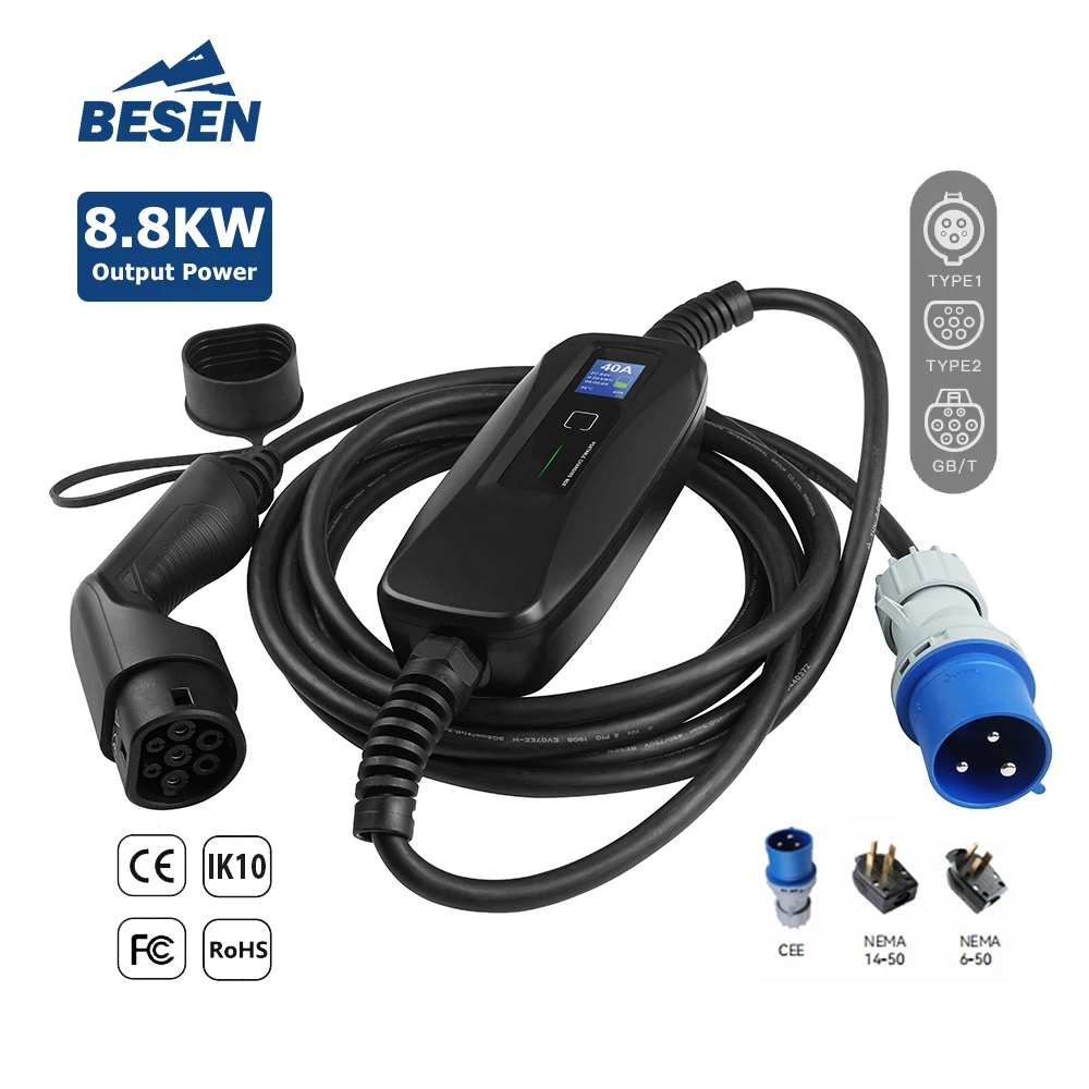 BESEN 8 kW 40 Ampere tragbares EV-Ladegerät Typ 1 Elektrofahrzeug-Ladebox für tragbare Ladestationen